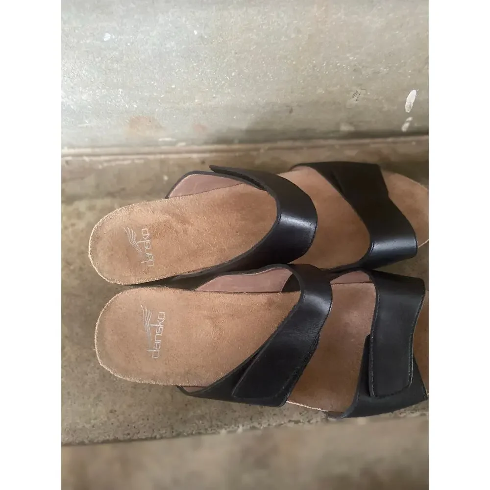 Dansko Shannon black leather adjustable two strap low wedge sandals-size 40